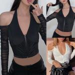 Schwarze Sexy Langärmelige V-Ausschnitt Transparente Blusen & durchsichtige Blusen durchsichtig mit Reißverschluss aus Polyester Cropped für Damen Größe XXL für den für den Sommer 