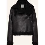 Reduzierte Schwarze Neo Noir Jacken mit Fellkapuze mit Reißverschluss aus Leder für Damen Größe M 