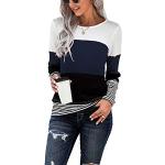 Marineblaue Gestreifte Color Blocking Langärmelige Rundhals-Ausschnitt T-Shirts aus Polyester für Damen Größe S 