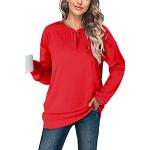 Rote Unifarbene Langärmelige Rundhals-Ausschnitt T-Shirts mit Knopf für Damen Größe M für Partys für den für den Herbst 