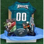 NFL Philadelphia Eagles Haustier-Geschenkbox mit 2 lizenzierten Hundespielzeugen, 1 Logo-graviertes natürliches Hunde-Leckerli, 1 NFL-Jersey, 1 NFL-Welpen-Trainingsglocken und 1 Auto-Sicherheitsgurt