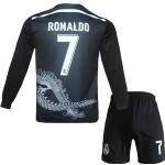 NIHMEX R.Madrid Heim #7 Ronaldo Retro Black Dragon Limitierte Sonderedition Fußball Kinder Langarm Trikot und Shorts Jugendgrößen (Schwarz,24)
