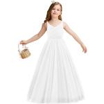 NNJXD Blumenmädchen Hochzeit Festzug Kleid Tüll Formale Lange Prinzessin Kleid 785 Weiß Größe(140) 8-9 Jahre