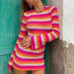 Rosa Gestreifte Casual Langärmelige Mini Minikleider & kurze Kleider aus Polyester für Damen Größe L für den für den Herbst 