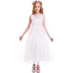 Weiße Blumenmuster Elegante Ärmellose Maxi Kinderfestkleider mit Reißverschluss aus Tüll für Mädchen 