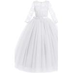 Weiße Blumenmuster Elegante 3/4-ärmelige Maxi Kinderfestkleider mit Reißverschluss aus Tüll für Mädchen Größe 140 