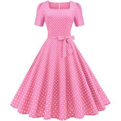Odizli 1950er Jahre Kleider Damen Vintage Rockabilly Kurzarm Polka Dots A Linie Swing Midi Kleid Cocktail Party Abend Abschlussball Kleid, B#rosa, XX-Large