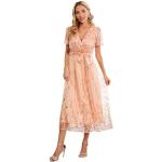 Reduzierte Rosa Bestickte Elegante Kurzärmelige V-Ausschnitt Lange Abendkleider mit Pailletten aus Mesh für Damen Größe XXL für Hochzeitsgäste für den für den Sommer 