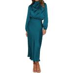 Reduzierte Blaue Elegante Langärmelige Maxi Rollkragen Lange Abendkleider mit Rüschen aus Satin für Damen Größe S für Hochzeitsgäste 