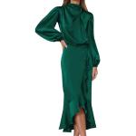 Reduzierte Grüne Unifarbene Elegante Langärmelige Rollkragen Lange Abendkleider mit Tulpenmotiv mit Rüschen aus Satin für Damen Größe M für Hochzeitsgäste für den für den Herbst 