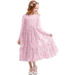 Rosa Blumenmuster Elegante Langärmelige Maxi Kinderfestkleider aus Spitze Handwäsche für Mädchen Größe 110 