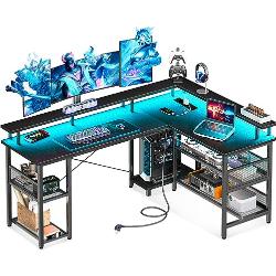 ODK Gaming Schreibtisch mit LED, Reversibel Schreibtisch L Form mit 2 Steckdosen und 2 USB Ladeanschluss, Eckschreibtisch Schwarz mit Großzügiger Stauraum, 168×120cm cm