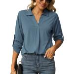 Reduzierte Blaue Oversize Langärmelige V-Ausschnitt Tunika-Blusen mit Knopf aus Musselin für Damen Größe XXL für den für den Frühling 