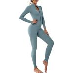 Reduzierte Hellblaue Sexy Langärmelige V-Ausschnitt Damenjumpsuits & Damenoveralls mit Reißverschluss aus Polyester Größe M 