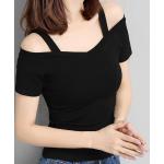 Schwarze Unifarbene Elegante Langärmelige Schulterfreie T-Shirts aus Baumwollmischung für Damen Größe XXL für den für den Sommer 
