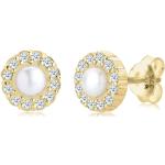 Weiße Elegante Perlenohrstecker glänzend aus Gelbgold 9 Karat mit Diamant für Damen 