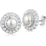 Silberne Elegante Elli Runde Perlenohrstecker glänzend aus Silber mit Zirkonia für Damen 