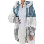 Blaue Color Blocking Maxi Fleecejacken mit Kapuze mit Reißverschluss aus Fleece mit Kapuze für Damen Größe XXL für den für den Herbst 