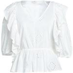 Reduzierte Weiße Unifarbene ONLY V-Ausschnitt Festliche Blusen mit Rüschen aus Baumwolle für Damen Größe XS für den für den Frühling 