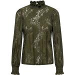 Olivgrüne Langärmelige Stehkragen Transparente Blusen & durchsichtige Blusen durchsichtig aus Spitze für Damen Größe XS 