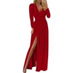 Rote Unifarbene Business Langärmelige Maxi V-Ausschnitt Lange Abendkleider enganliegend für Damen Größe L für Brautjungfern 