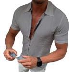 Graue Unifarbene Kurzärmelige Kentkragen Herrenjeanshemden mit Reißverschluss aus Denim Größe XS für den für den Sommer 