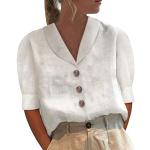 Weiße Unifarbene Oversize 3/4-ärmelige V-Ausschnitt T-Shirts mit Knopf aus Leinen für Damen Übergrößen Große Größen für den für den Sommer 