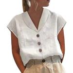 Weiße Unifarbene Oversize V-Ausschnitt T-Shirts mit Knopf aus Leinen für Damen Größe XXL Große Größen für den für den Sommer 