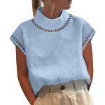 Blaue Unifarbene Oversize V-Ausschnitt Tunika-Blusen mit Knopf aus Leinen für Damen Größe M Große Größen für den für den Sommer 