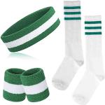 ONUPGO 5-teiliges gestreiftes Schweißband und Socken-Set, gestreiftes Stirnband, Schweißbänder, gestreifte hohe Socken für Männer, Frauen, Sport und 80er-Party (Green/White/Green)