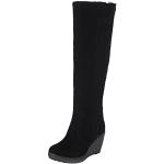 Schwarze Leo-Look Spitze Damenoverkneestiefel mit Schnürsenkel aus Lammfell mit herausnehmbarem Fußbett Größe 39 für den für den Winter 