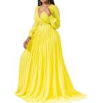 Gelbe Elegante Langärmelige Maxi V-Ausschnitt Lange Abendkleider mit Reißverschluss aus Chiffon für Damen Größe XXL für Partys 