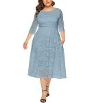 Hellblaue Elegante 3/4-ärmelige Rundhals-Ausschnitt Lange Abendkleider aus Spitze für Damen Größe 4 XL Große Größen zum Abschlussball 