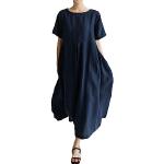 Marineblaue Casual Kurzärmelige Maxi Rundhals-Ausschnitt Sommerkleider aus Leinen für Damen Größe M zur Hochzeit für den für den Sommer 