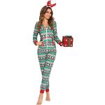 Grüne Elegante Pyjamas lang mit Weihnachts-Motiv mit Reißverschluss mit Kapuze für Damen Größe XL 1-teilig Weihnachten für den für den Herbst 