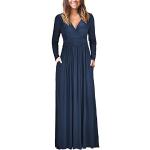 OUGES Damen Kleid Langarm V-Ausschnitt Winterkleid Casual Boho Kleider Maxikleid mit Taschen Herbstkleid(Navy blau, L)
