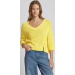 Gelbe Unifarbene Oui V-Ausschnitt Grobstrickpullover aus Baumwollmischung für Damen Größe L 