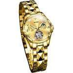 Goldene 5 Bar wasserdichte Wasserdichte Automatik Damenarmbanduhren aus Edelstahl mit 24-Stunden-Anzeige mit Diamant mit Mondphasenanzeige mit Saphirglas-Uhrenglas mit Goldarmband 
