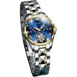 Blaue 5 Bar wasserdichte Wasserdichte Automatik Damenarmbanduhren aus Edelstahl mit 24-Stunden-Anzeige mit Diamant mit Mondphasenanzeige mit Saphirglas-Uhrenglas 