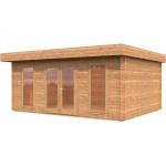 Braune Palmako Blockbohlenhäuser 44mm aus Massivholz mit Flachdach Blockbohlenbauweise 