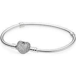 Pandora Unisex Silver Bracelet With Heart-Shaped Clasp And Cubic Zirconia - n/a / 18 cm