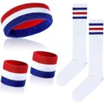 Pangogogo 5Stk Sportliches Schweißband Handgelenk Socken|2 Schweißband,1 Stirnband &1 Paar Socken für Damen Herren| rutschfest, Geruchshemmend Schweißbänder für Fitness Yoga Volleyball(Red-Blue)