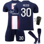 Paris home weiß gestreiftes Fußballtrikot Set Nr. 30 Messi mit Stutzen und Schienbeinschützern Größe 28