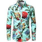 Türkise Blumenmuster Langärmelige Hawaiihemden für Herren Größe XXL für Partys für den für den Sommer 