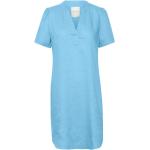 Reduzierte Blaue Kurzärmelige PART TWO V-Ausschnitt Sommerkleider aus Leinen für Damen Größe XXL für den für den Sommer 