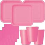 Pinke Rechteckige Kinderpartysets aus Papier Einweg 48-teilig 