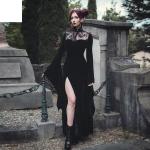 Schwarze Gothic Maxi Stehkragen Samtkleider aus Spitze für Damen Größe L für Partys für den für den Herbst 