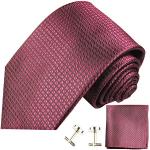 Paul Malone XL Krawatte himbeer kariert Set 3tlg - 100% Seide - Extra lange Krawatte mit Einstecktuch und Manschettenknöpfe