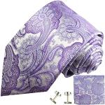 Paul Malone XL Krawatte lila violett silber paisley Set 3tlg - 100% Seide - Extra lange Designer Krawatte mit Einstecktuch und Manschettenknöpfe