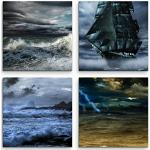Paul Sinus Art 4 teiliges Leinwandbild je 30x30cm - Schiff Wasser Meer Unwetter Sturm